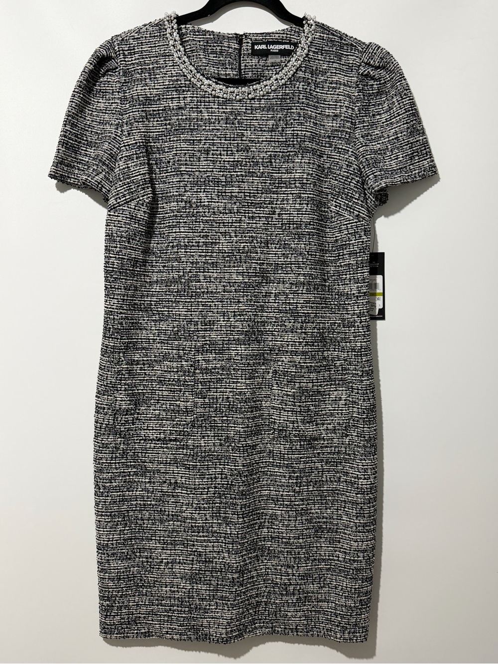 Karl Lagerfeld Paris Embellished Tweed Knit Sheath Dress Size 14 NWT Black White